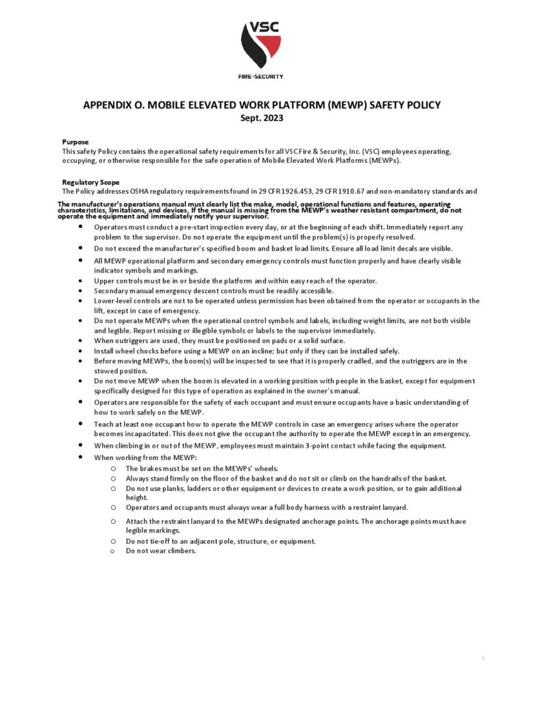 APPENDIX O. Mobile Elevated Work Platforms (MEWP) Policy